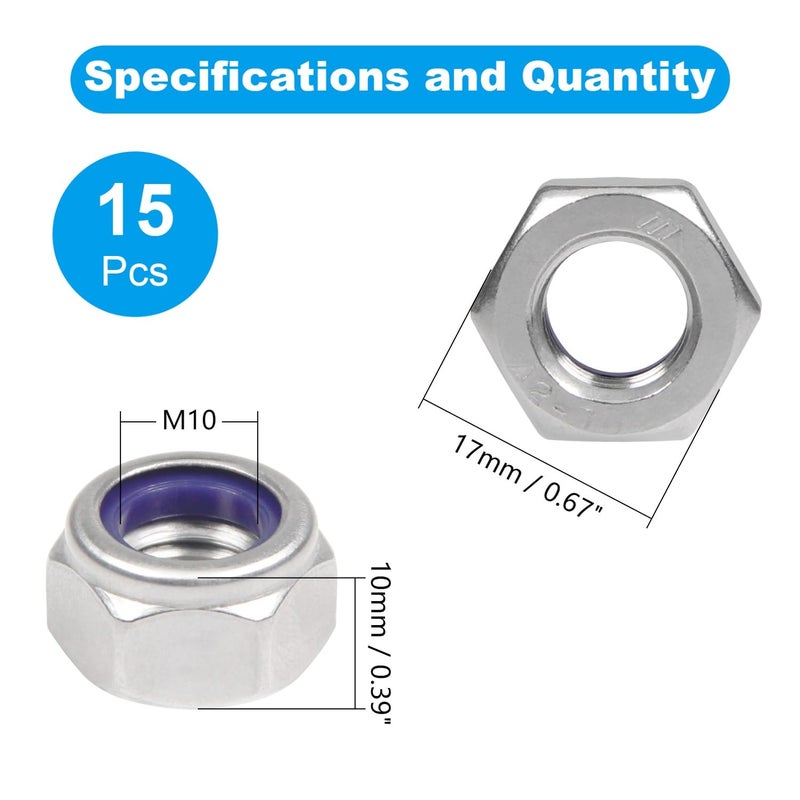 Yinpecly 15PCS M10 Locknuts M10x1.5mm Nylon Insert Hex Lock Nuts 304 Stainless Steel Metric Self-Locking Nylon Lock Nut for Industrial Construction Fasteners - Image 2